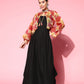 InWeave Women's Black Strappy Set With Red Pink Floral Short Organza Cape - Swadesiicart