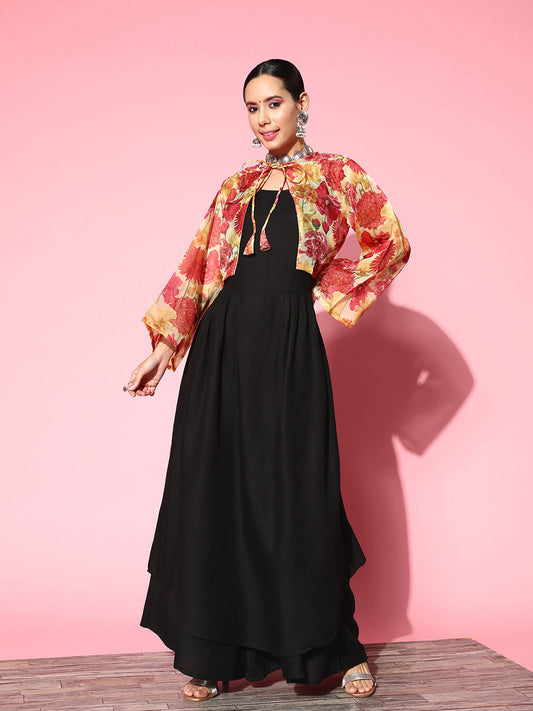 InWeave Women's Black Strappy Set With Red Pink Floral Short Organza Cape - Swadesiicart