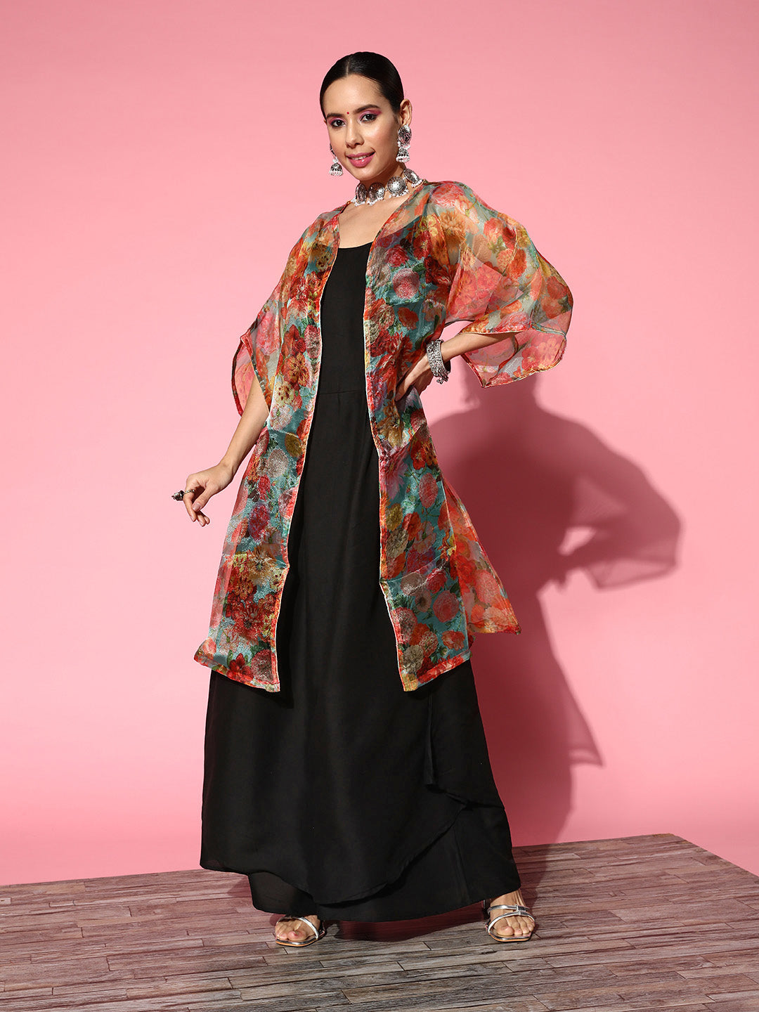 InWeave Black Strappy Set With Green Floral Organza Cape - Swadesiicart