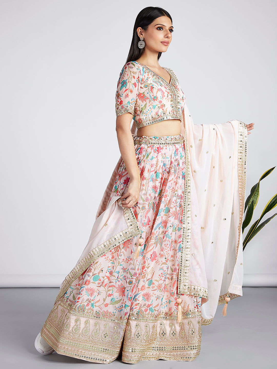 House of Panchhi Cream Colour Organza Floral Design Digital Print Lehenga Choli & Dupatta | Swadesiicart