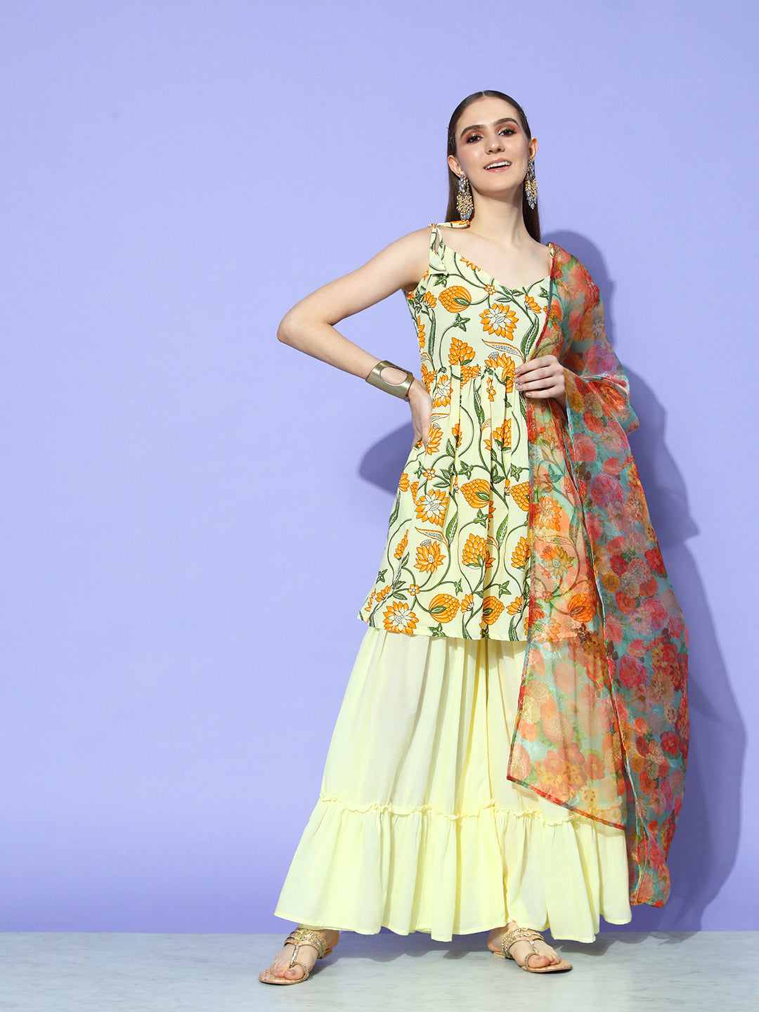 InWeave Women's Off White Yellow Floral Print Tie Up Kurta Sharara Set With Dupatta - Swadesiicart