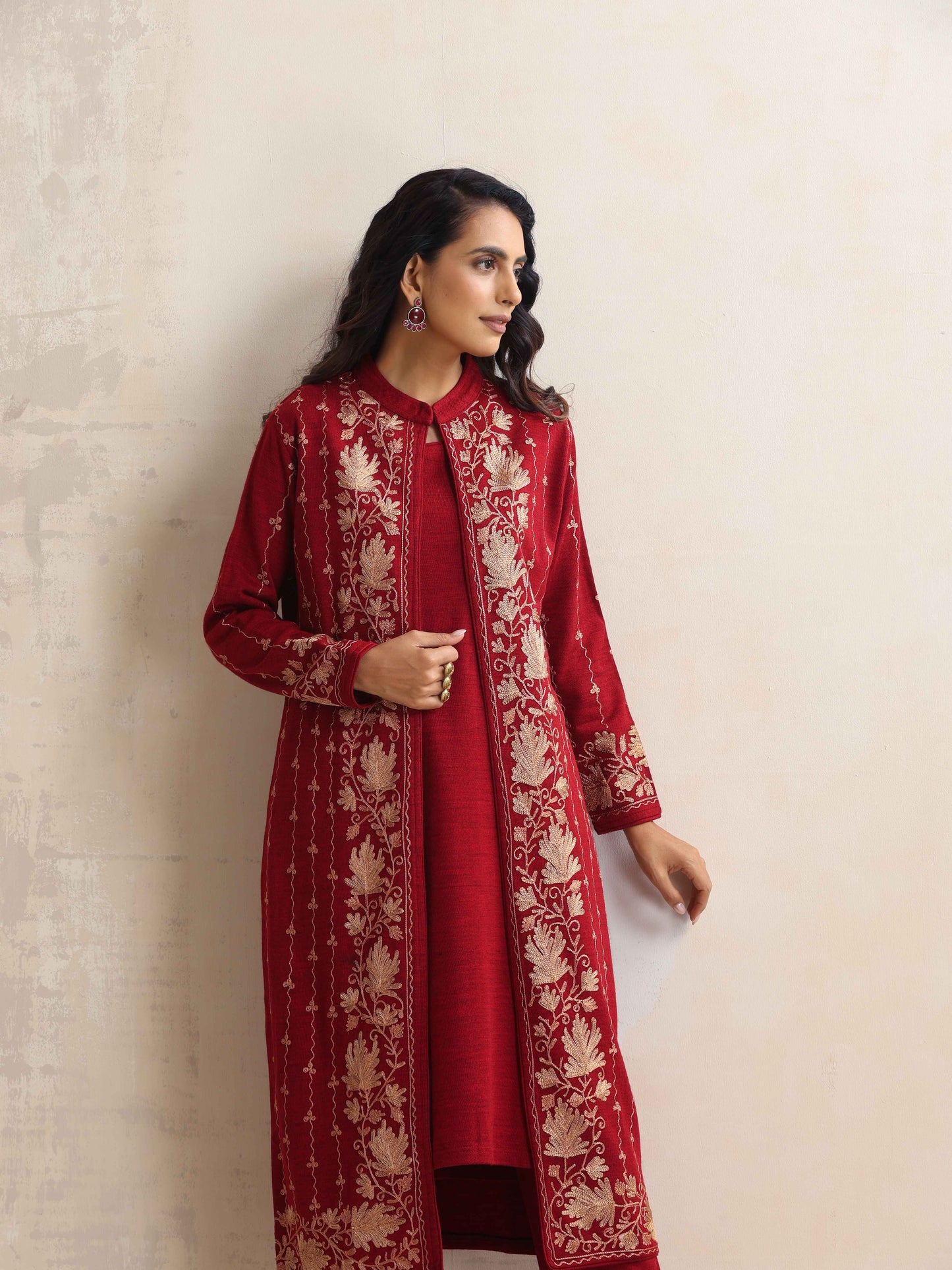 trueBrowns Red Kashmiri Woollen Jacket 3pc Set | Swadesiicart