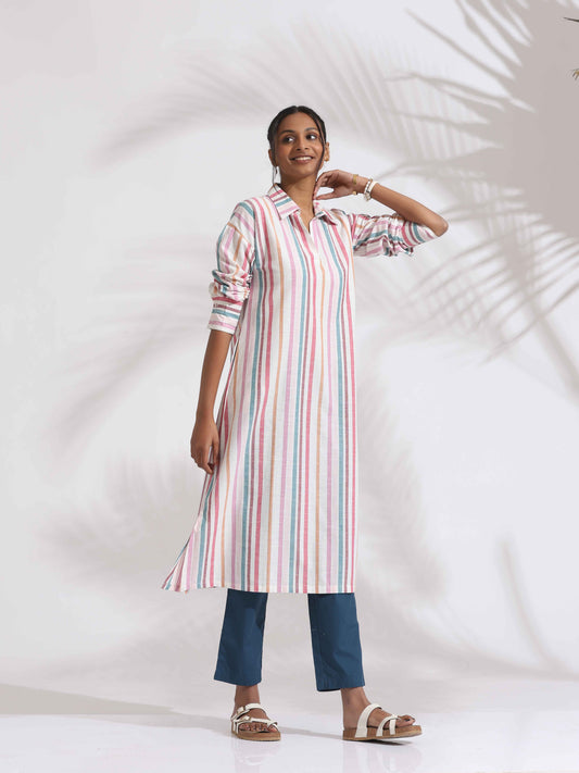 trueBrowns Off-White Cotton Multi Stripe A-line Kurta Set | Swadesiicart