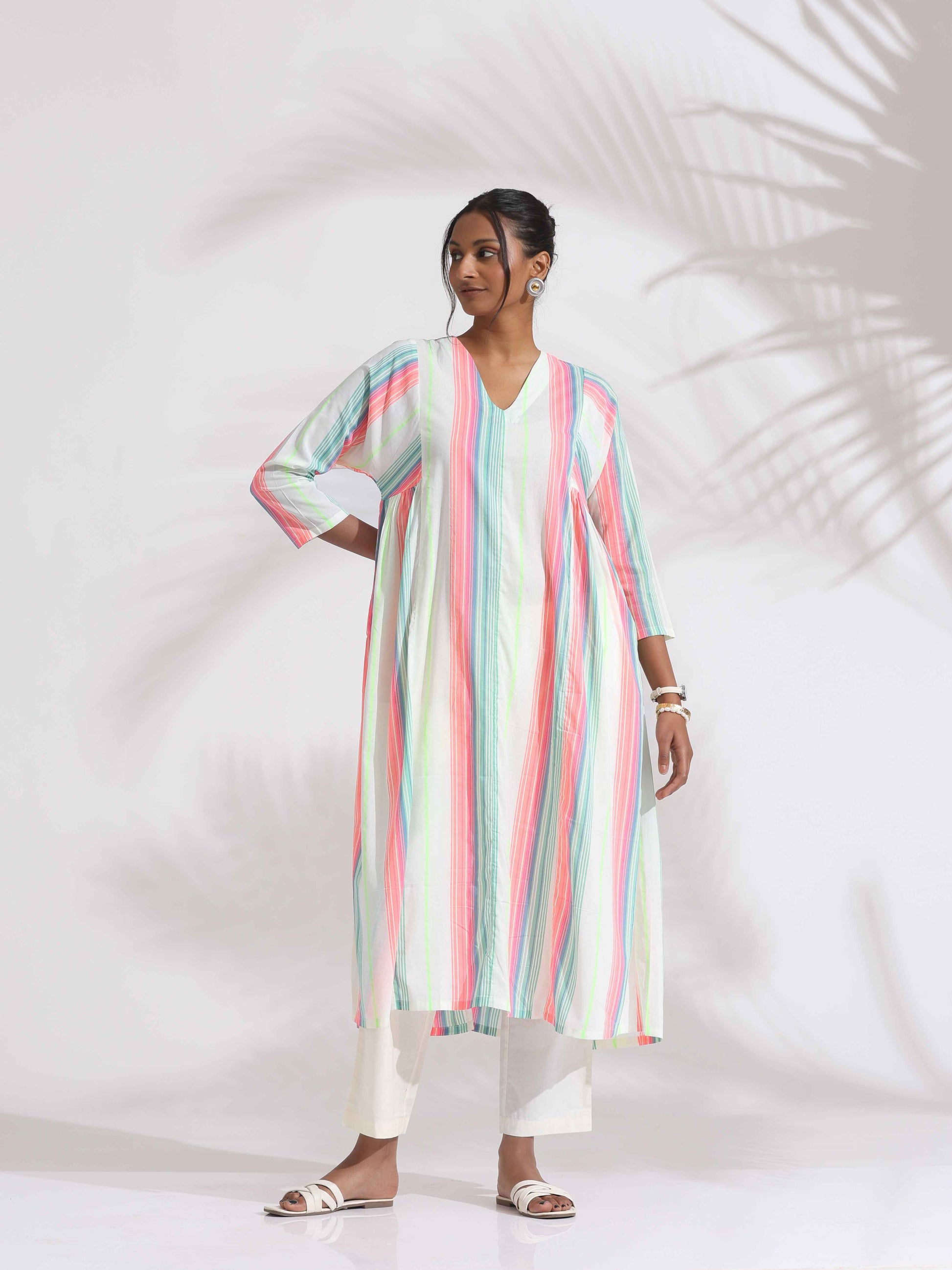 trueBrowns Off-White Cotton Multi Stripe Flared Kurta Set | Swadesiicart