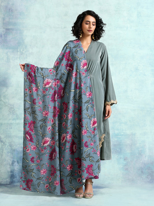 trueBrowns Grey Printed Velvet Shawl | Swadesiicart