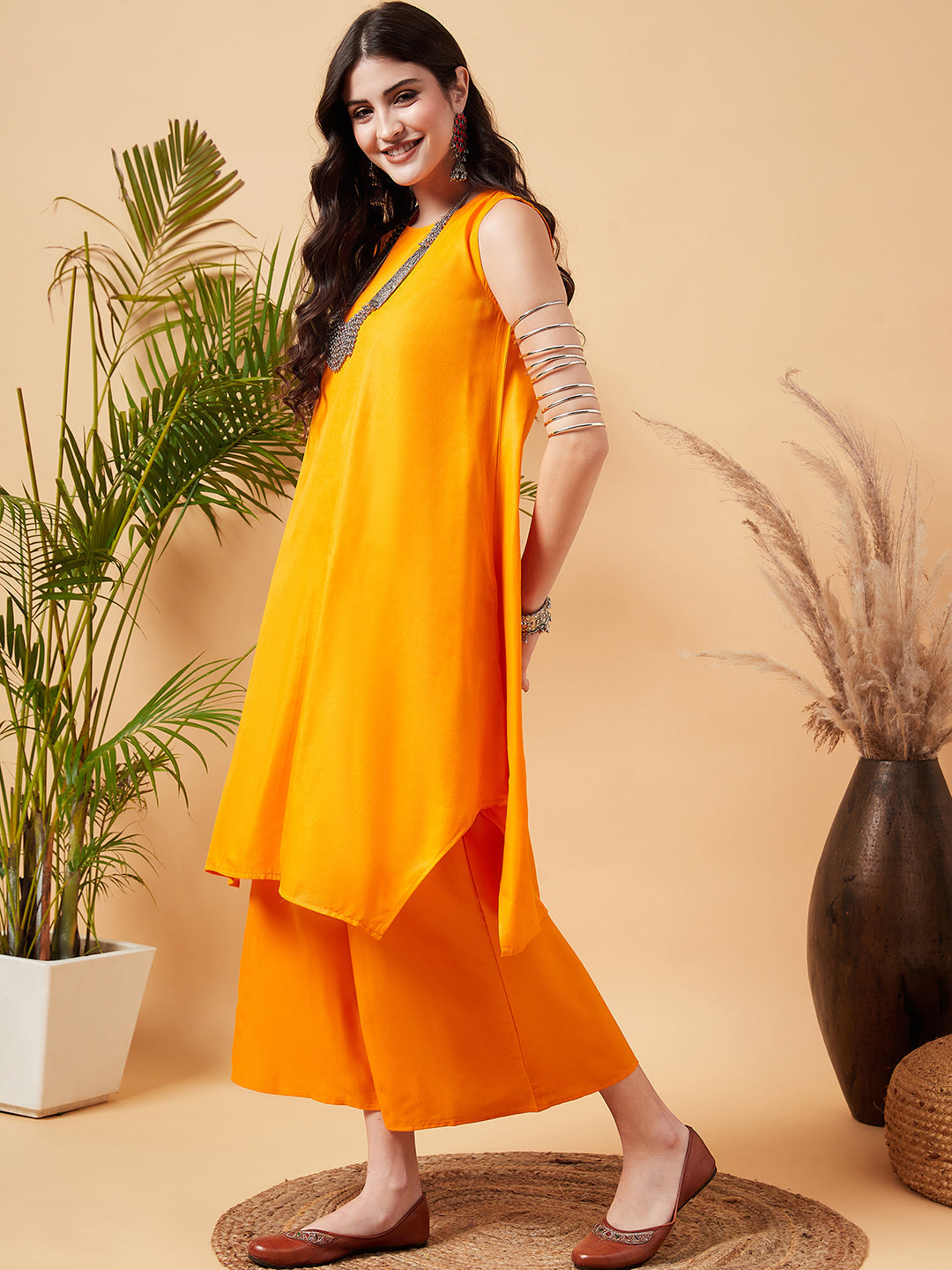 InWeave Women's Tangy Orange Short Kurta Palazzo Set - Swadesiicart