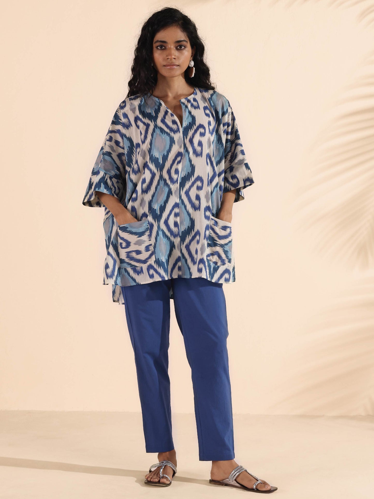 trueBrowns Blue Cotton Ikat Kaftan Co-ord Set - Swadesiicart
