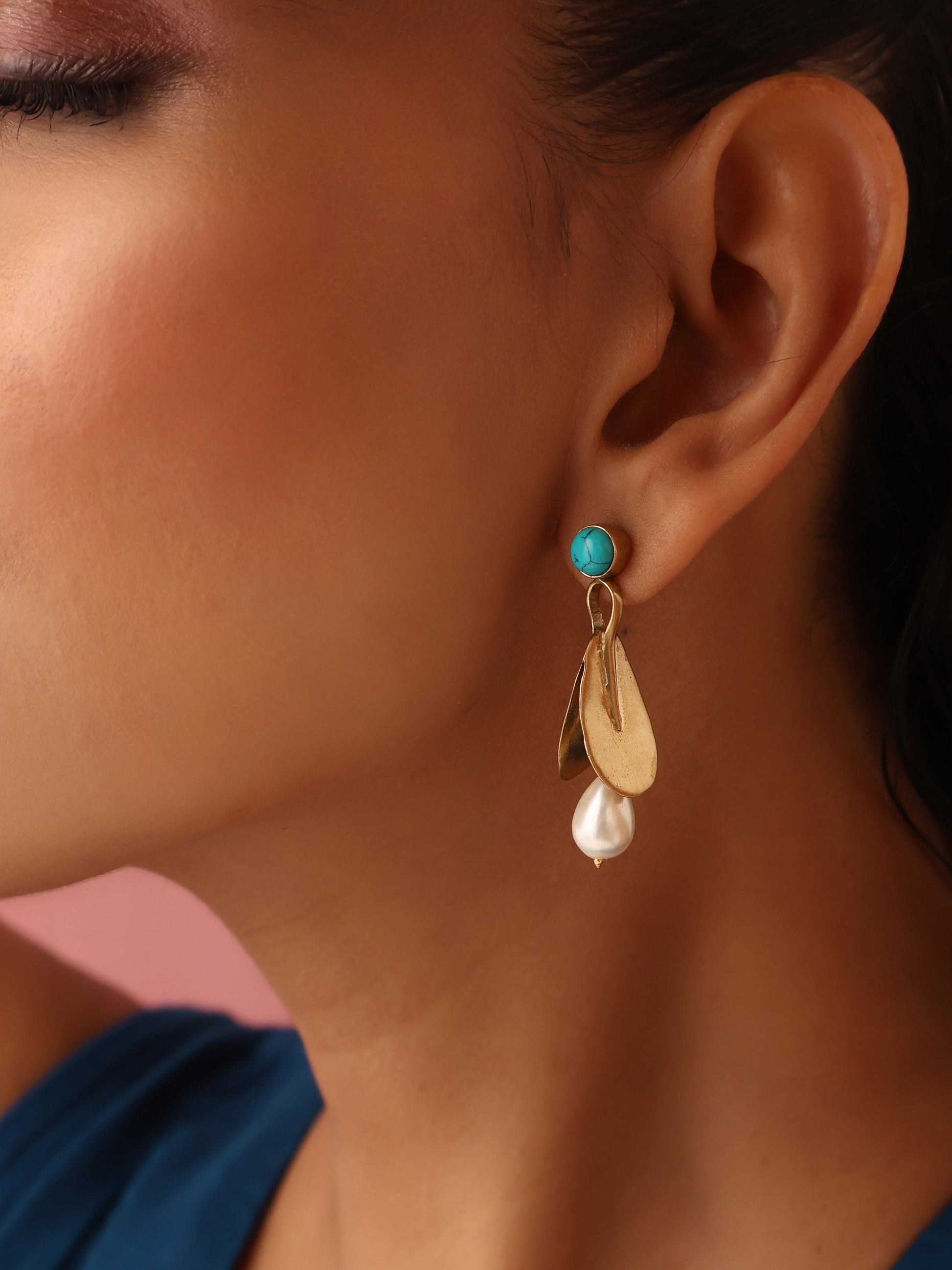 trueBrowns Brass Pearl Drop Earrings - Swadesiicart