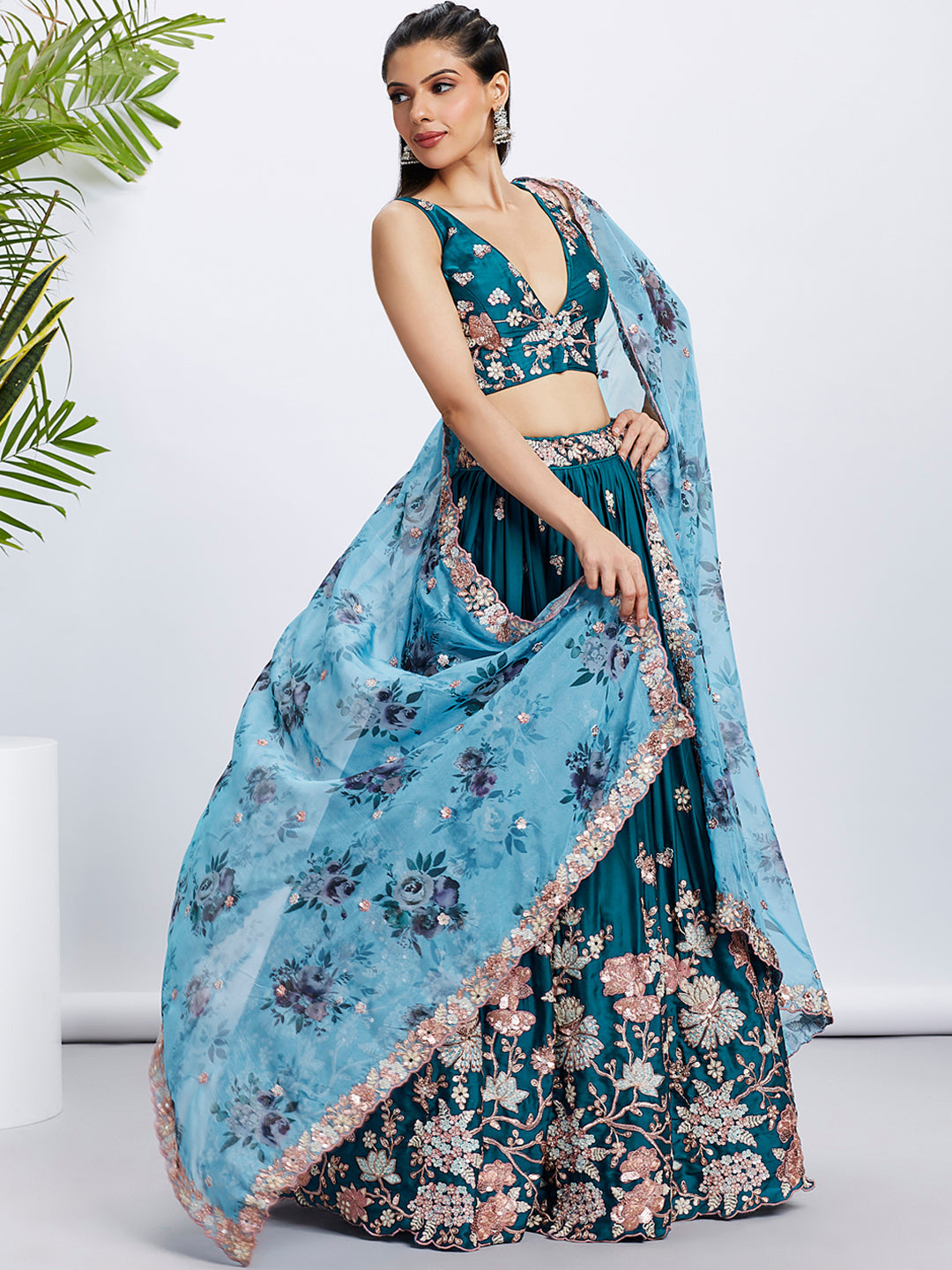 House of Panchhi Olive Pure Georgette Sequins And Thread Embroidery Lehenga Choli & Dupatta | Swadesiicart