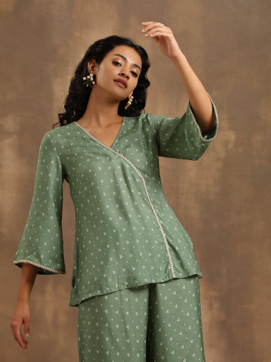 trueBrowns Light Green Bandhani Printed Silk Co-Ord Set - Swadesiicart