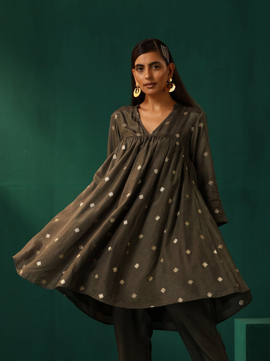 trueBrowns Grey Diamond Viscose Silk Yoke Gathered Co-ord Set - Swadesiicart