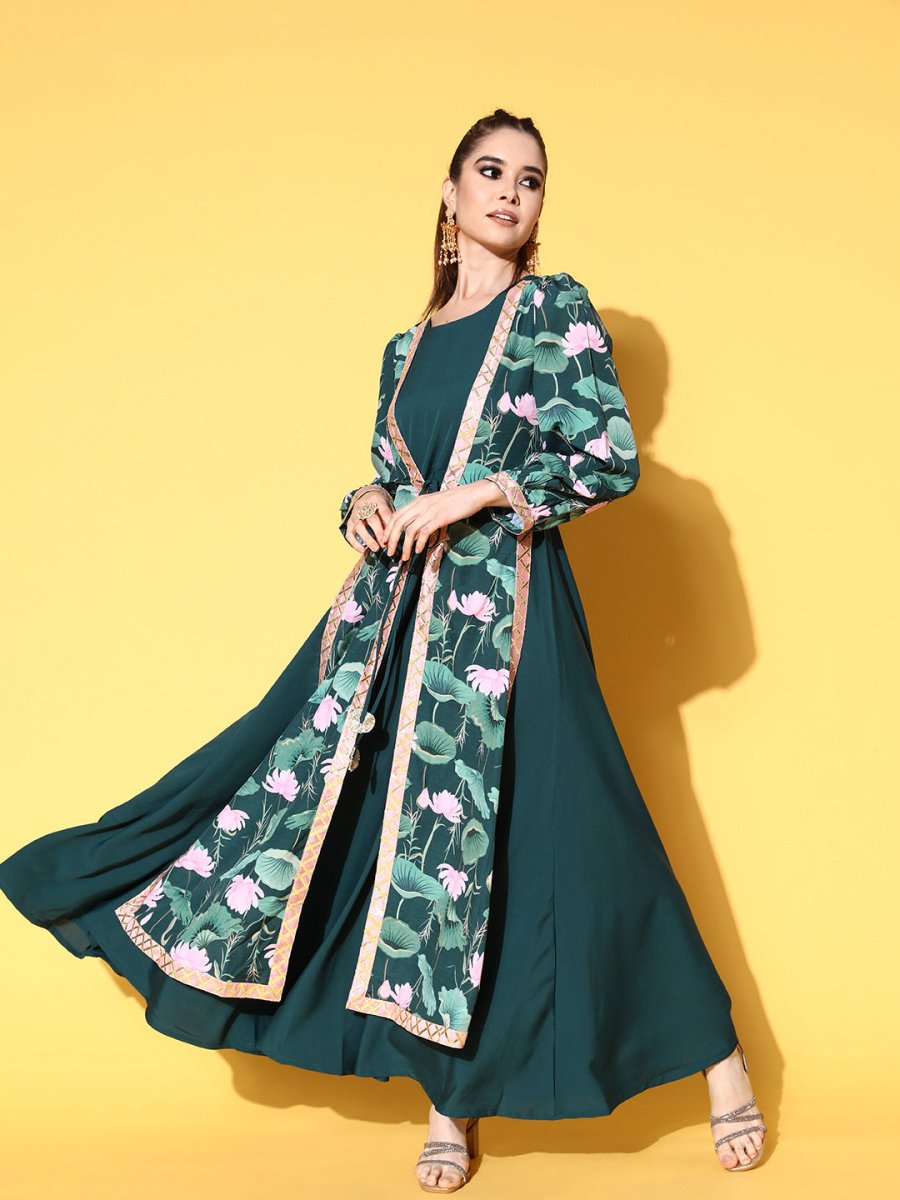 Ahalyaa Green Crepe Puff Sleeves Floral Printed Maxi Ethnic Dress with Waist Tie-Ups | Swadesiicart