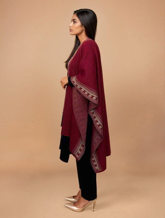 trueBrowns Maroon Woollen Geometric Kaftan Cape | Swadesiicart