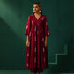 trueBrowns Maroon Floral Viscose Silk V-Neck Waist Gathered Kurta Pant Set | Swadesiicart