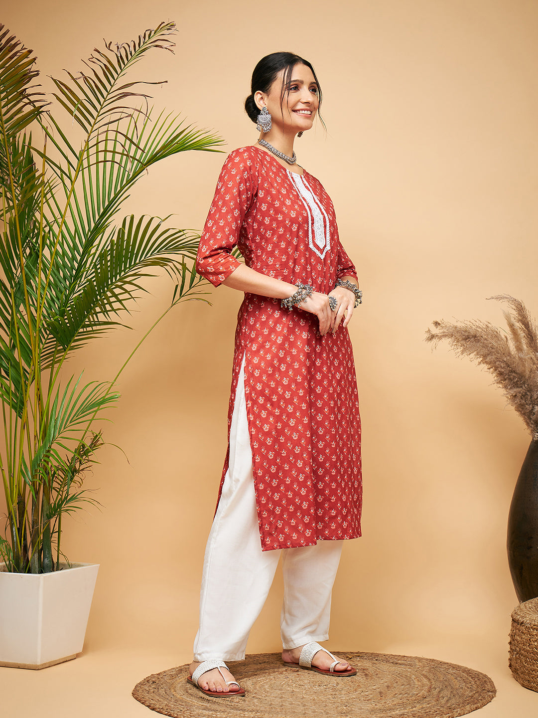 InWeave Women's Rust Small Floral Print Lace Straight Kurta Pant Set - Swadesiicart