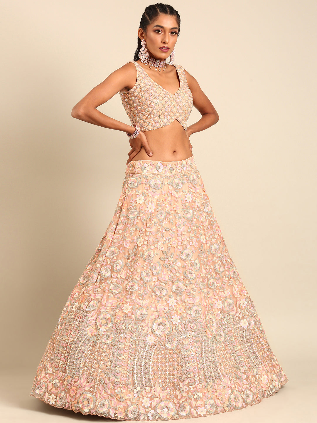 House of Panchhi Peach Net Multi Sequins with heavy Zarkan embroidery Lehenga choli & Dupatta | Swadesiicart