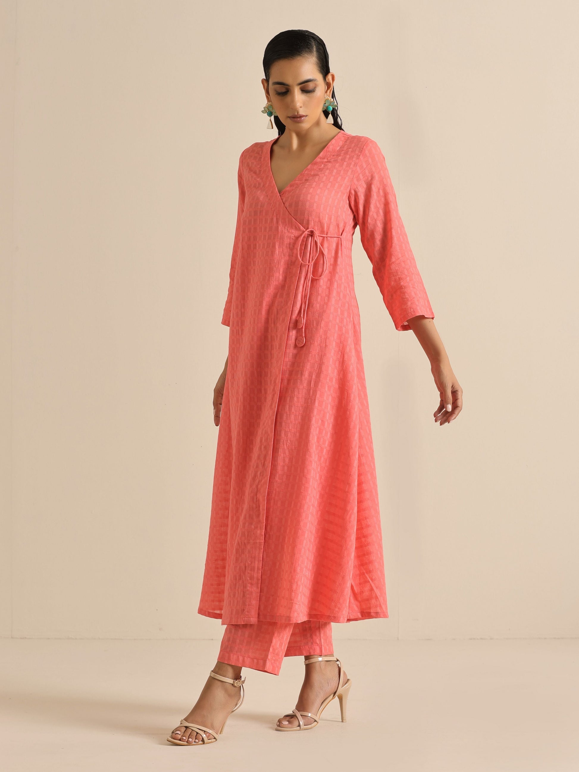trueBrowns Bright Pink Dobby Angrakha Kurta Pant Set | Swadesiicart