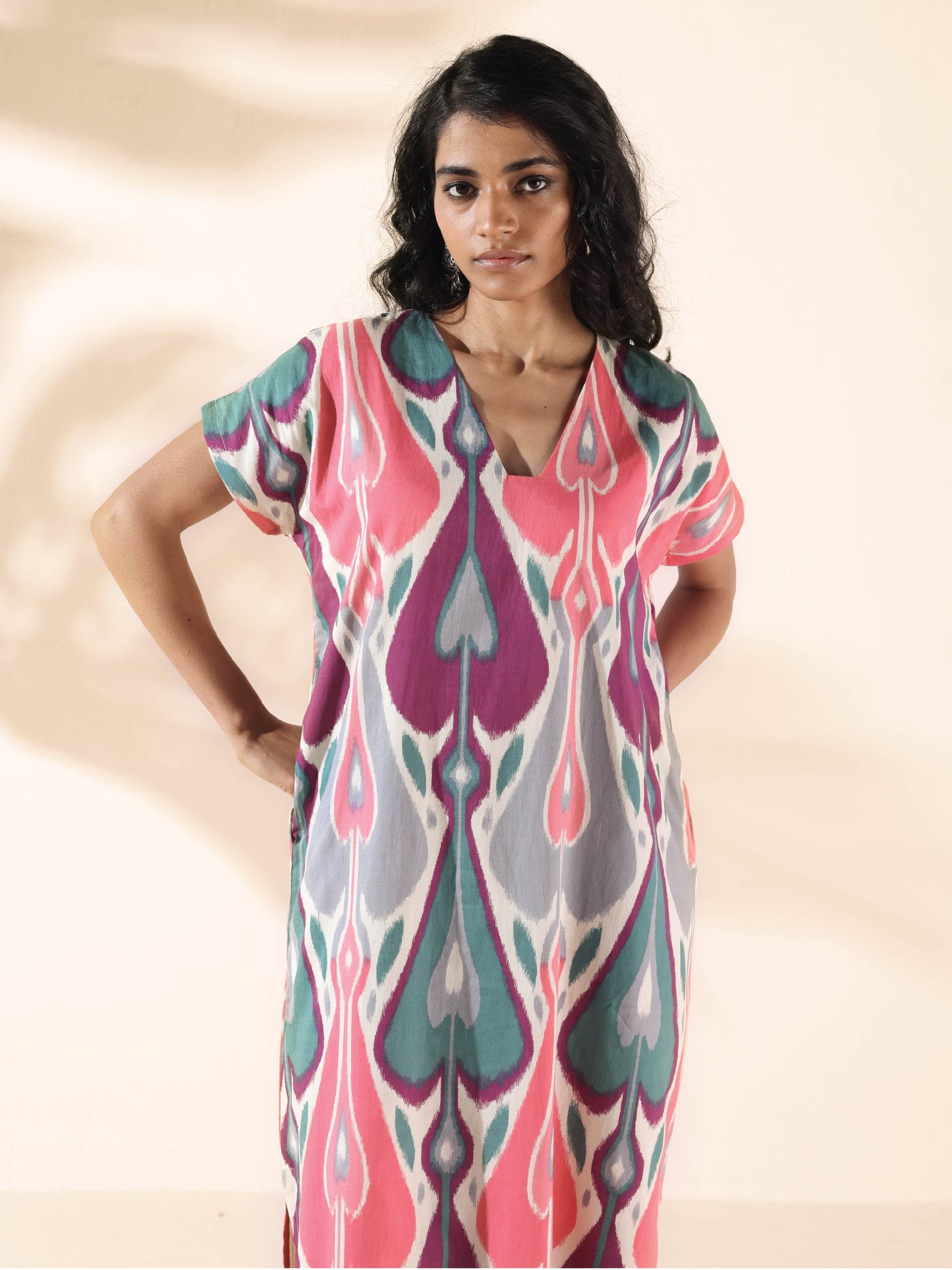 trueBrowns Green Cotton Ikat Slit Dress | Swadesiicart