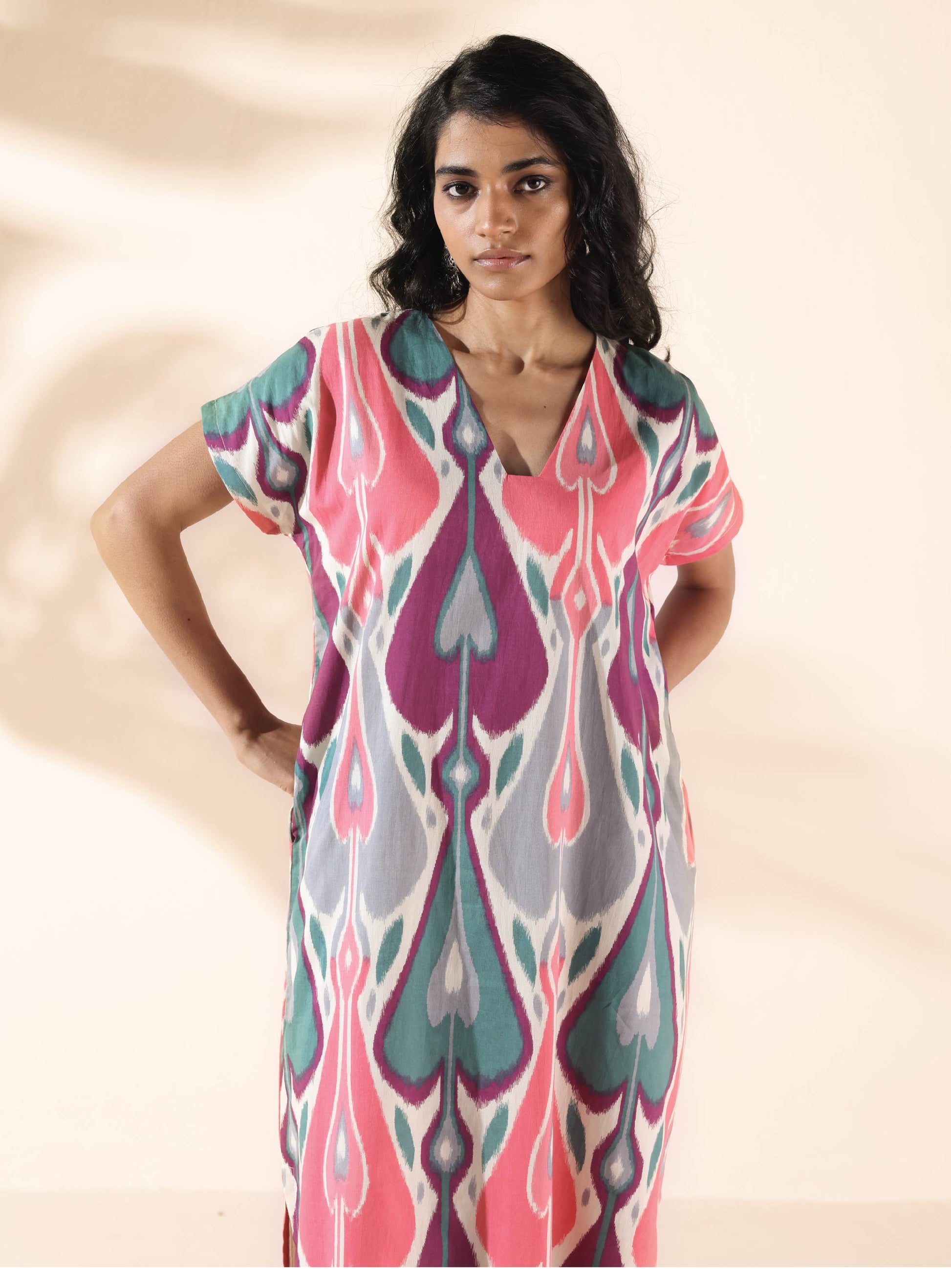 trueBrowns Green Cotton Ikat Slit Dress | Swadesiicart