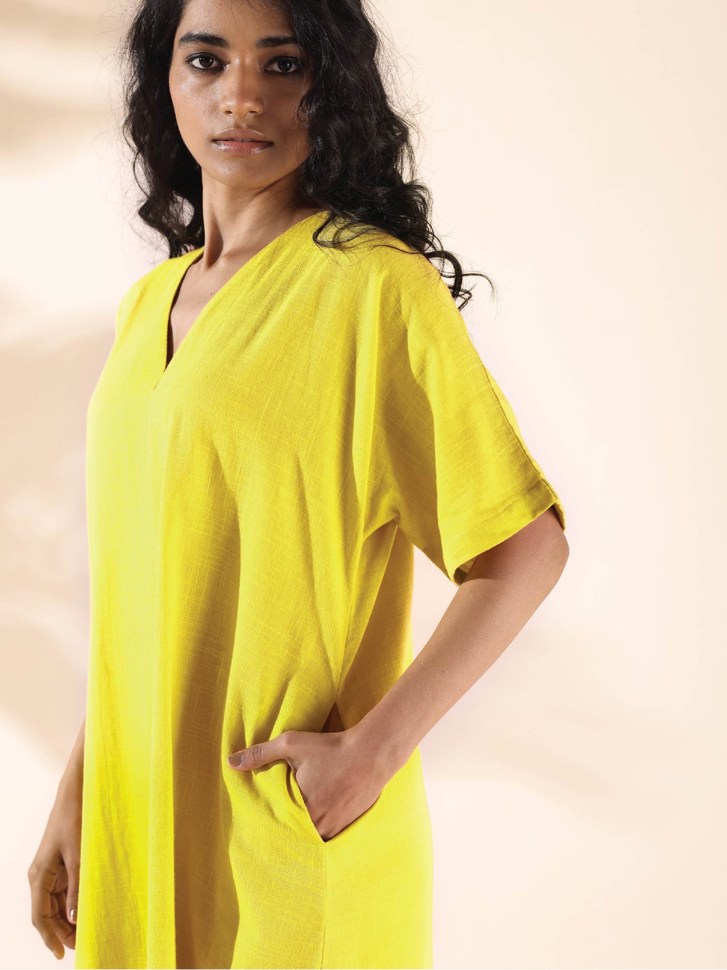 trueBrowns Lime Cotton Front Slit Dress | Swadesiicart