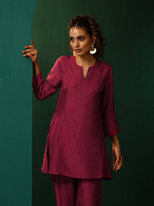 trueBrowns Maroon Silk Relaxed Co-ord Set - Swadesiicart