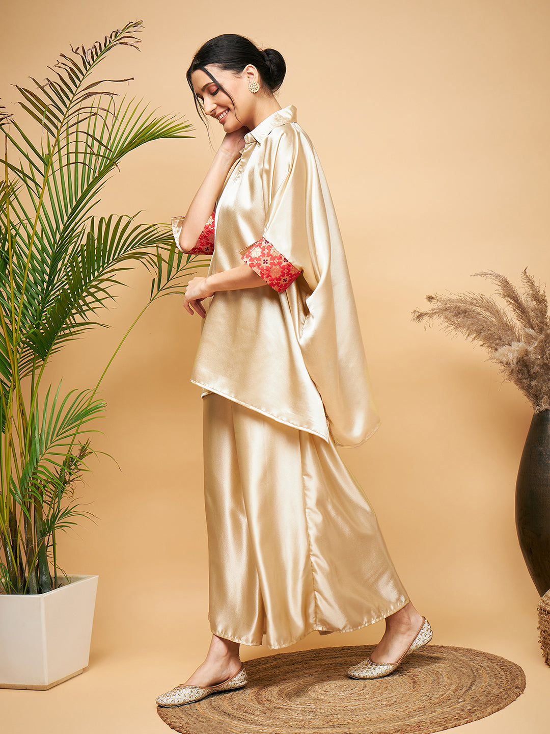 InWeave Women's Beige Red Brocade Boho Satin Top W Palazzo Set - Swadesiicart