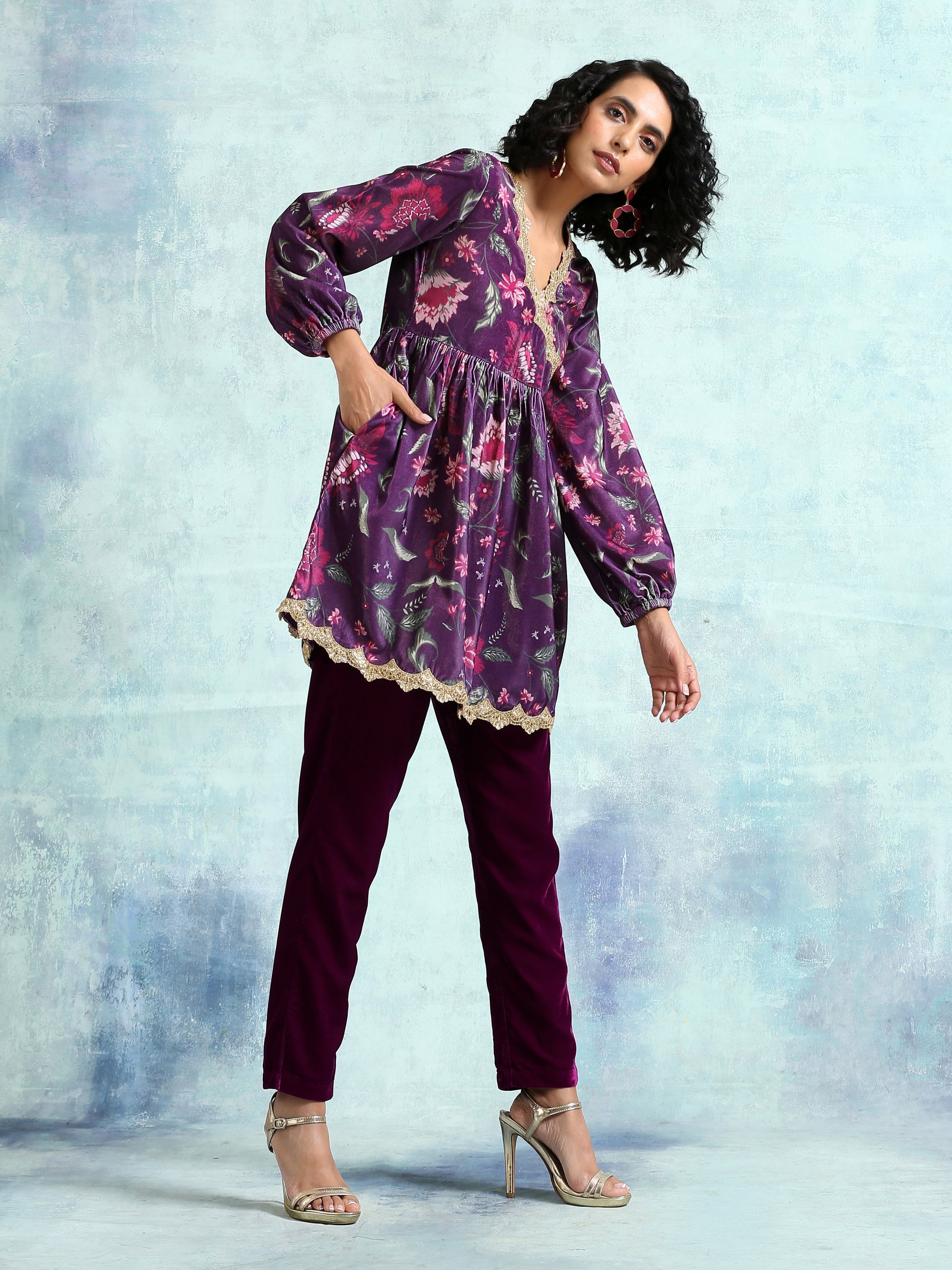 trueBrowns Wine Printed Velvet Lace Co-Ord Set - Swadesiicart