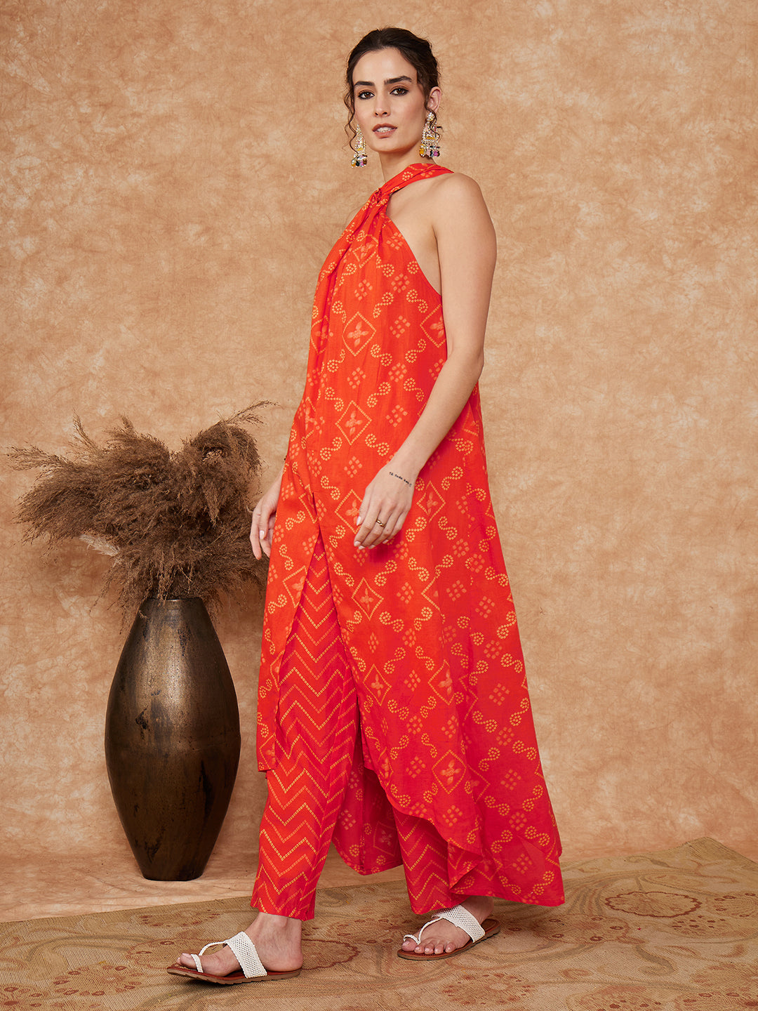 InWeave Women's Orange S Print Twisted Neckline Kurta Pant Set - Swadesiicart