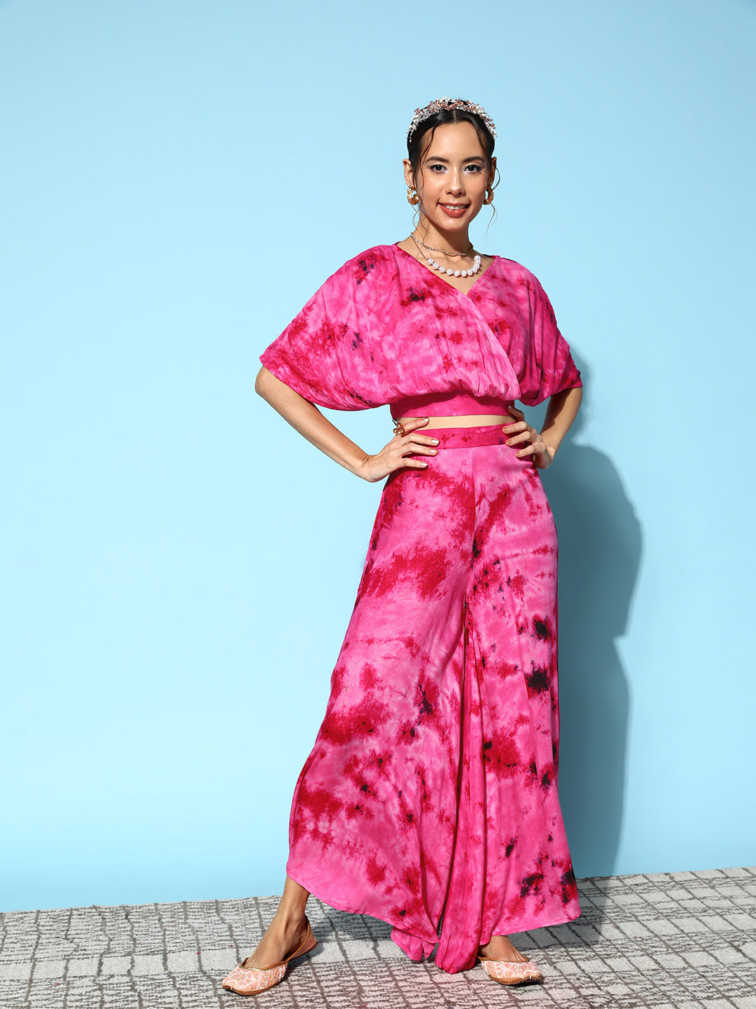 InWeave Women's Magenta Tie And Dye New Neckline Top Culottes Set - Swadesiicart