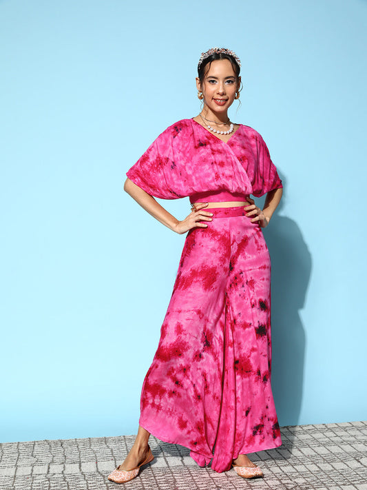 InWeave Women's Magenta Tie And Dye New Neckline Top Culottes Set - Swadesiicart