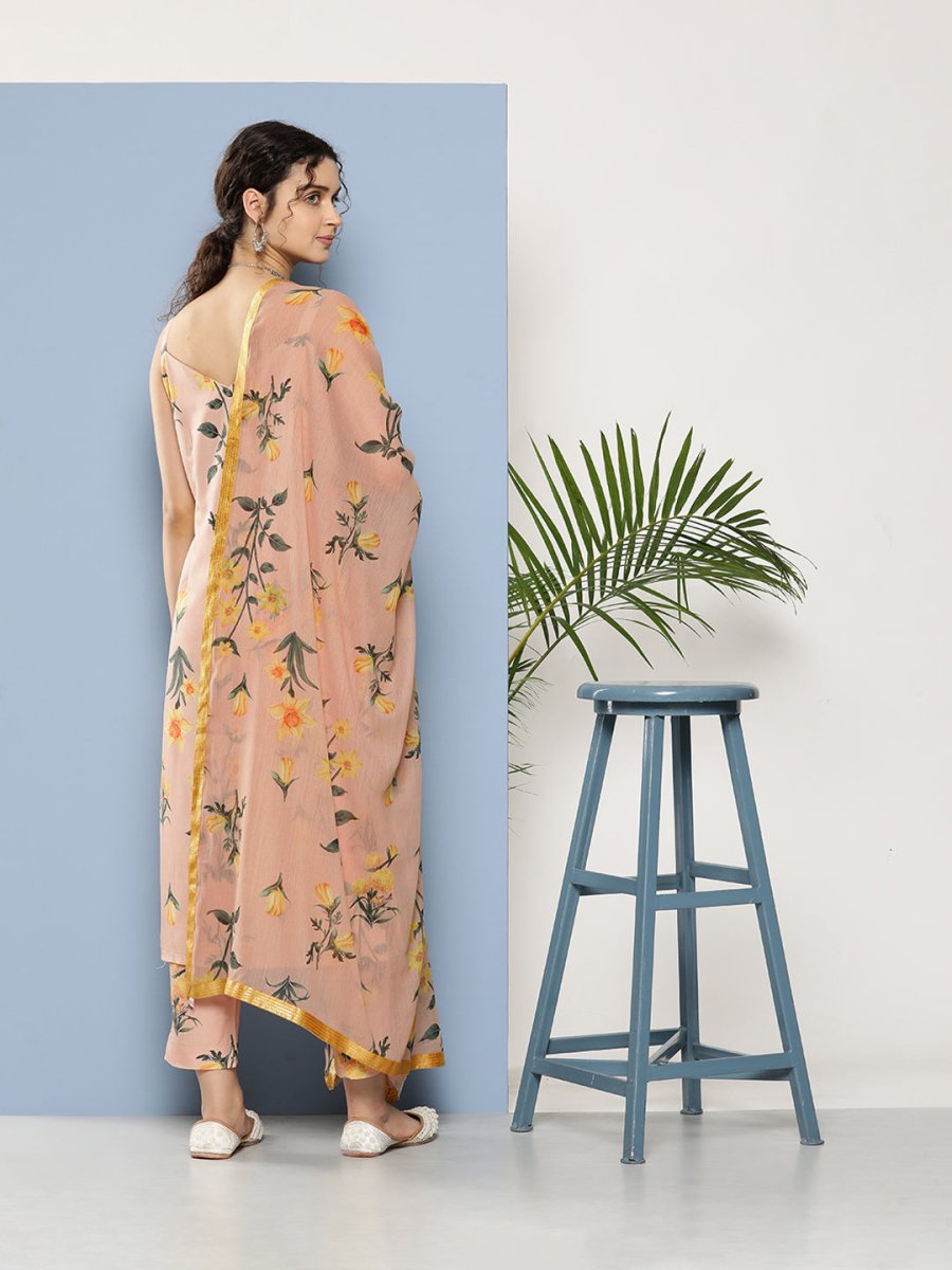 Ahalyaa Women Nude-Coloured Floral Printed Gotta Patti Kurta with Trousers & With Dupatta | Swadesiicart