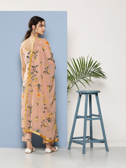 Ahalyaa Women Nude-Coloured Floral Printed Gotta Patti Kurta with Trousers & With Dupatta | Swadesiicart