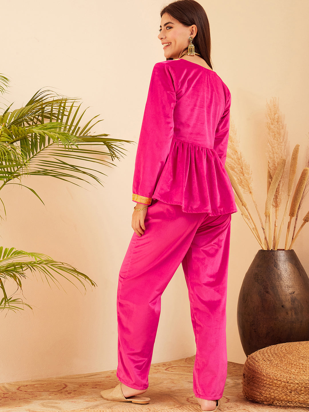InWeave Women's Magenta Mughal Shaan Style Velvet Short Kurta Set - Swadesiicart