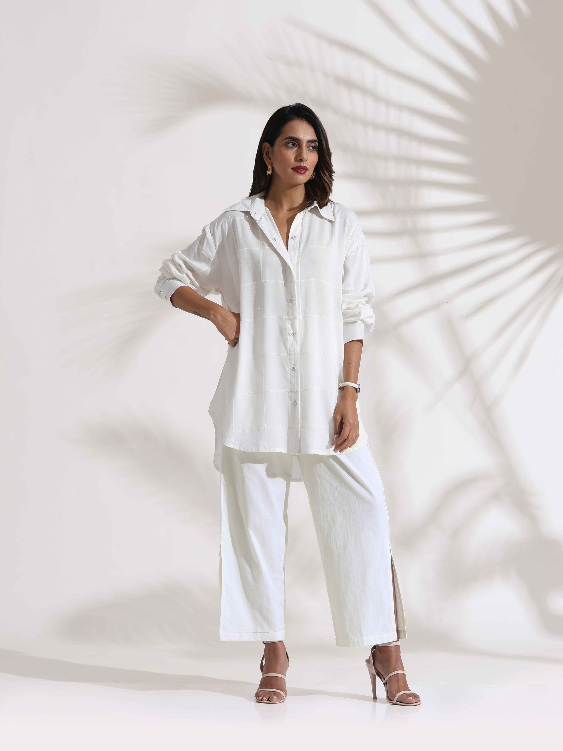 trueBrowns White Cotton Check Shirt Co-ord Set - Swadesiicart