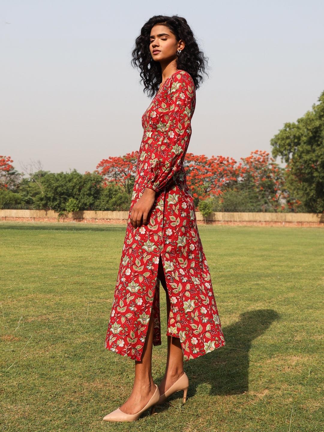 trueBrowns Red Cotton Block Print Backless Dress | Swadesiicart