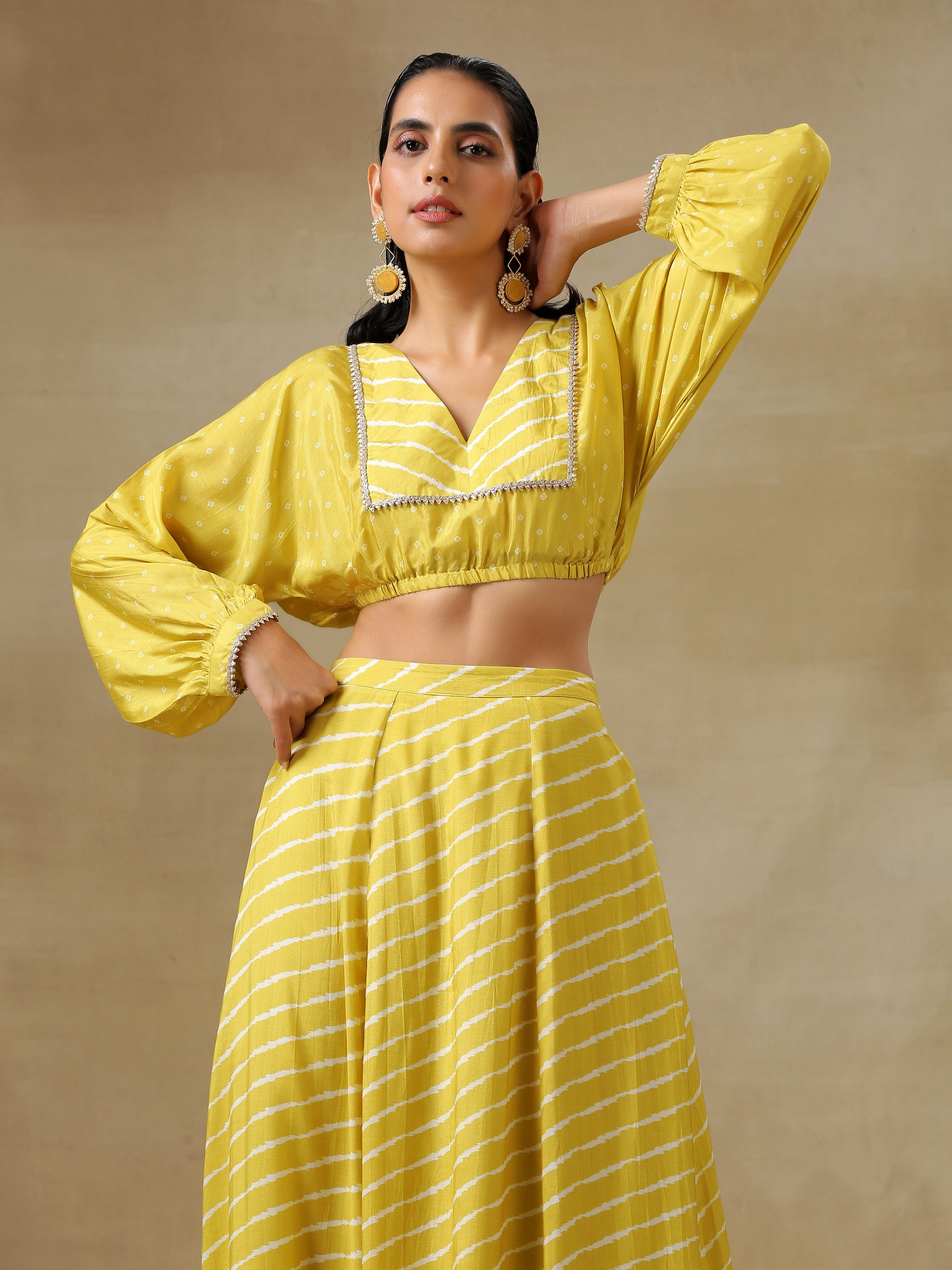 trueBrowns Lime Green Bandhani Printed Silk Top Skirt Set - Swadesiicart