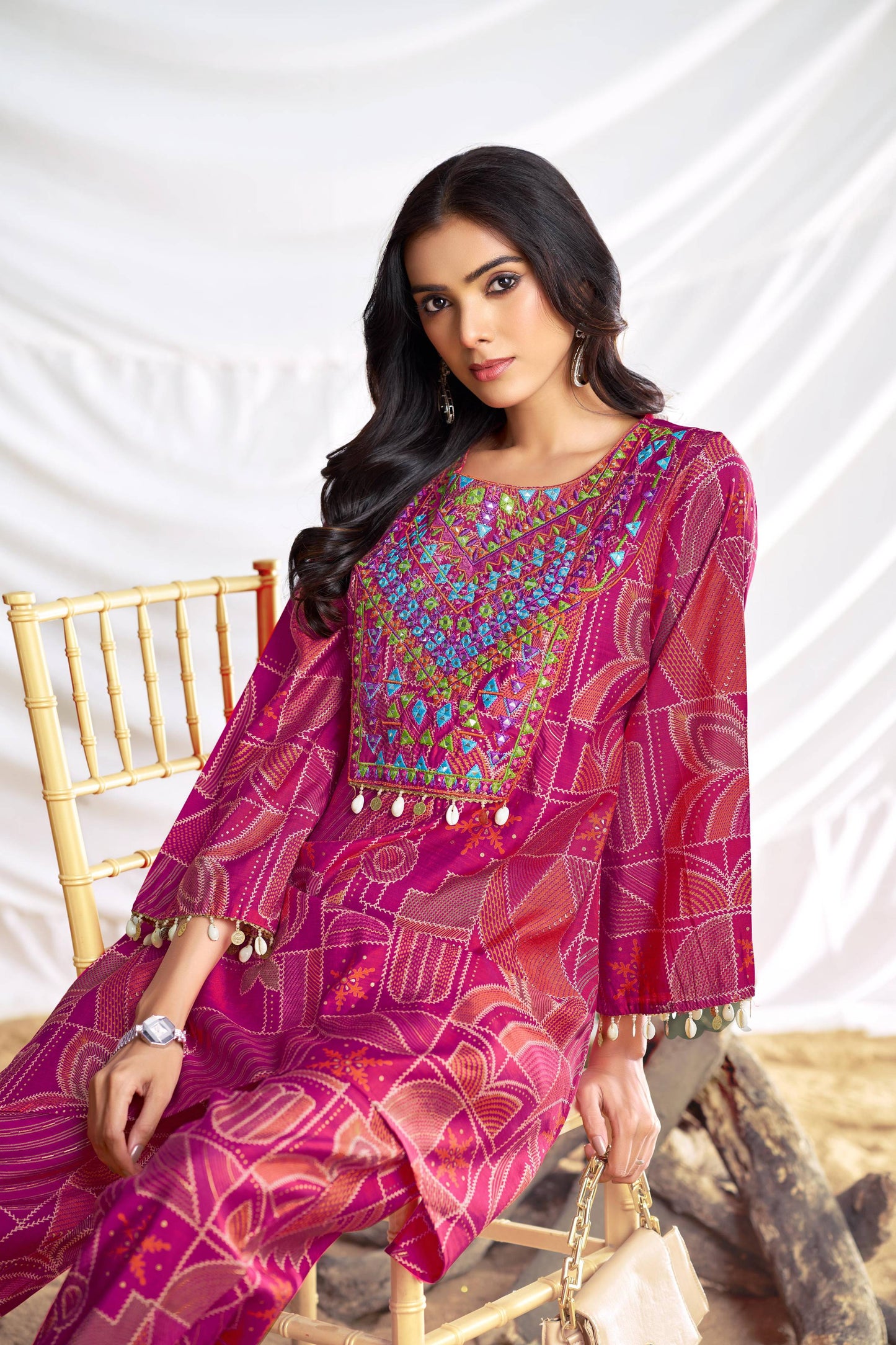 BulBul Ashka Chanderi Fuschia Co-Ord Set - Swadesiicart