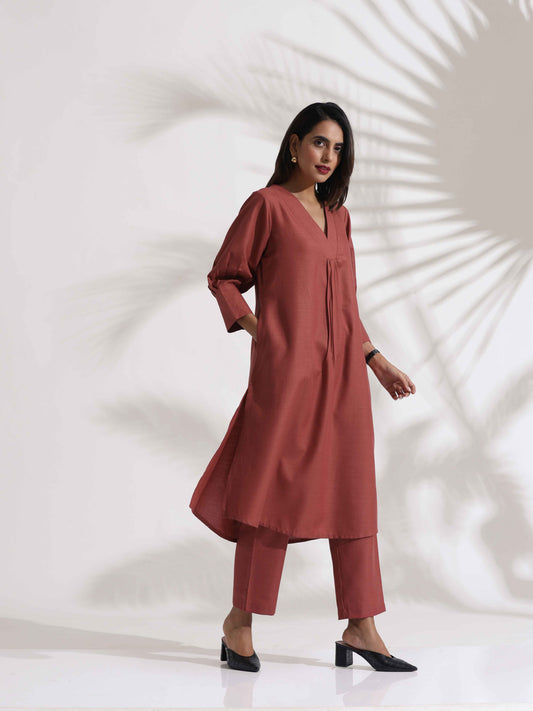 trueBrowns Pink Slub Kurta Set | Swadesiicart