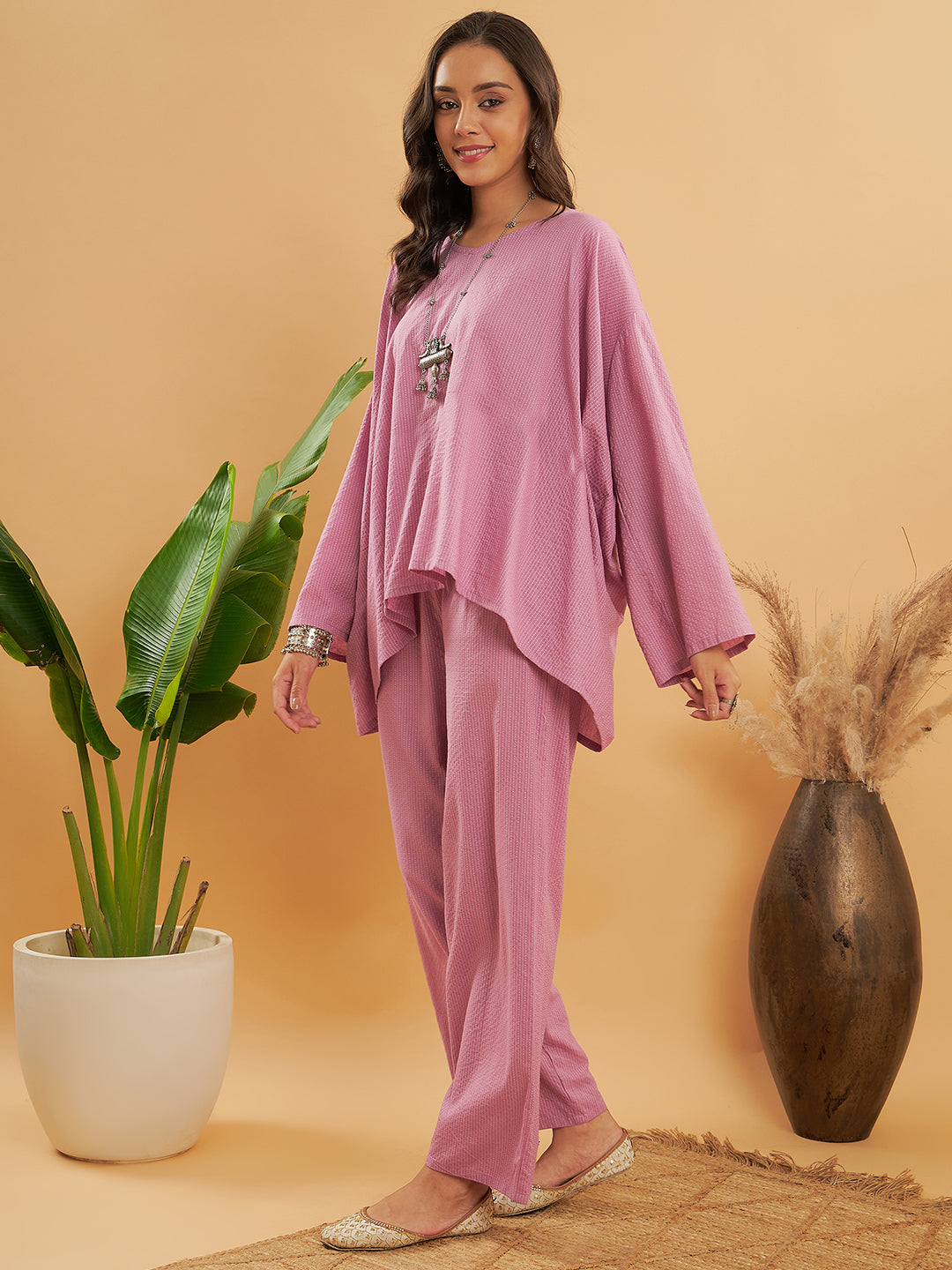 InWeave Women's Mauve Kantha Boho Full Sleeve Coord Set - Swadesiicart