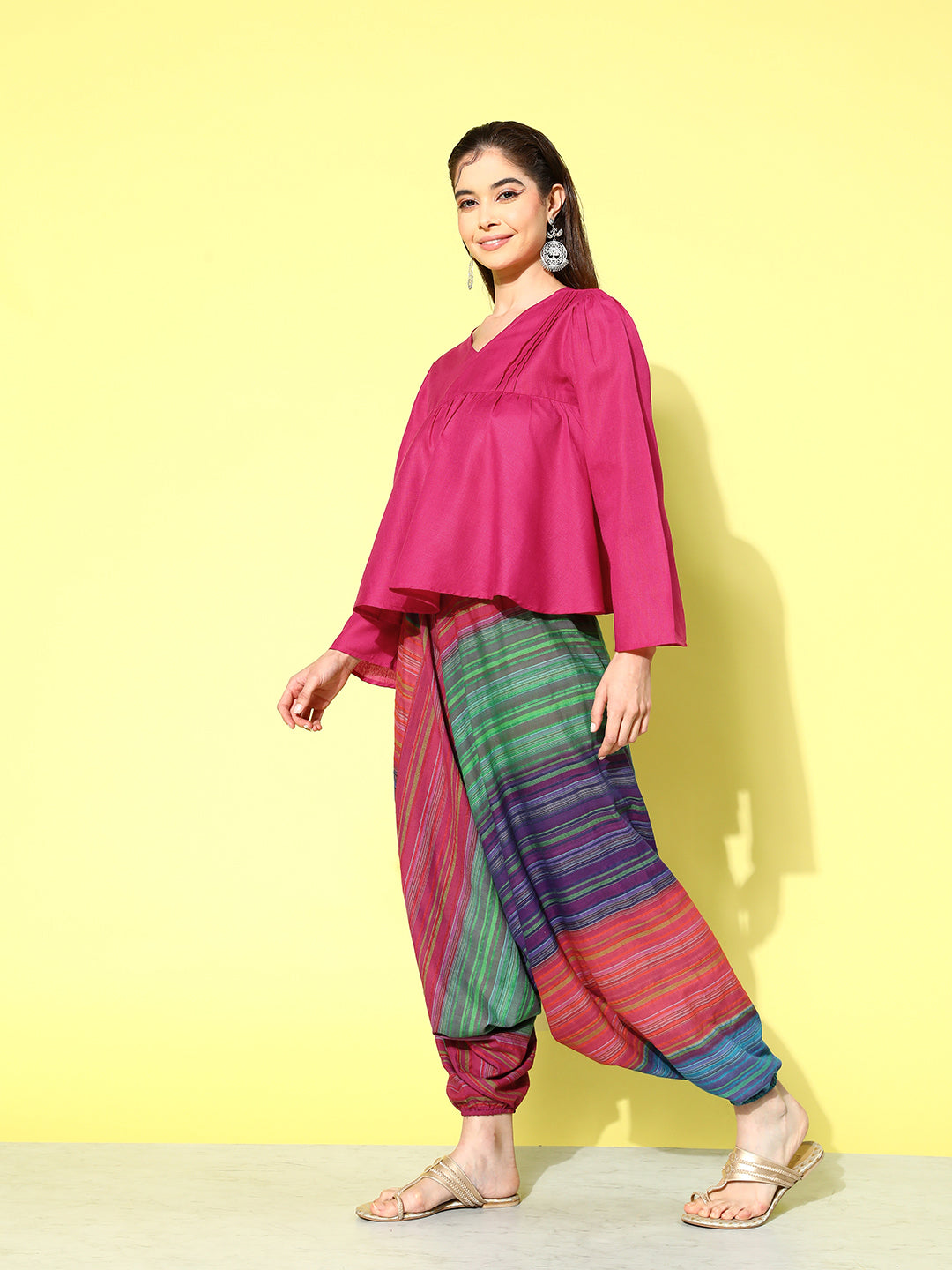 InWeave Women's Magenta Top With Multi Clr Harem Set - Swadesiicart