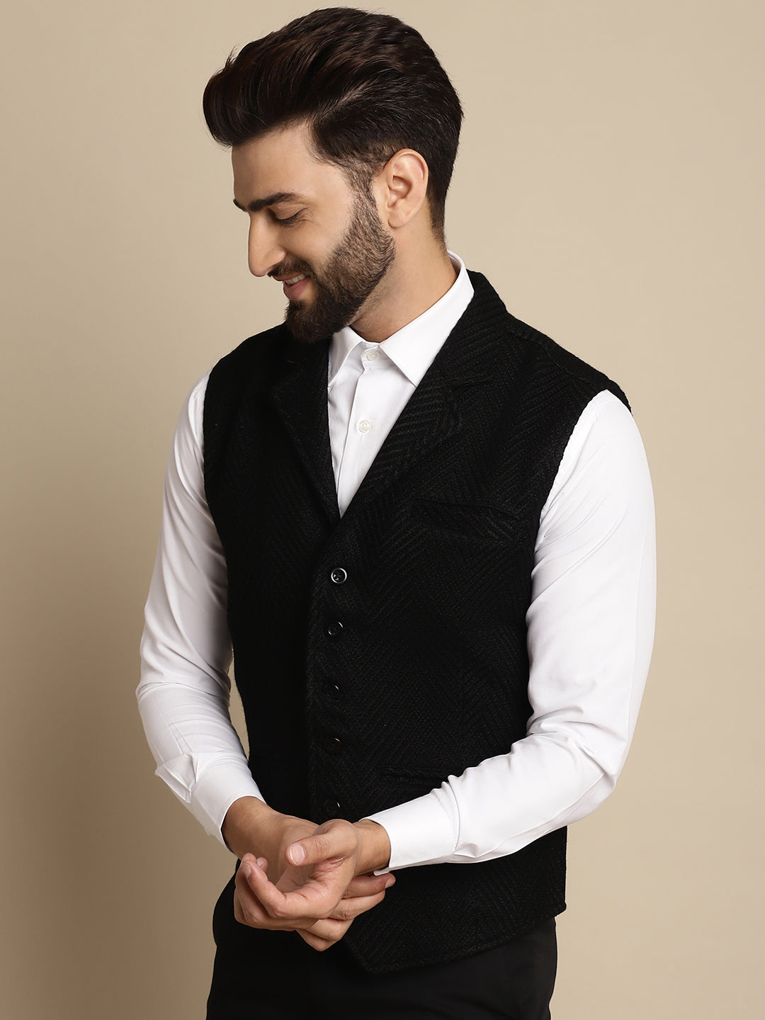 Even Apparels Men's Black Wool Waistcoat with Notched Lapel | Swadesiicart