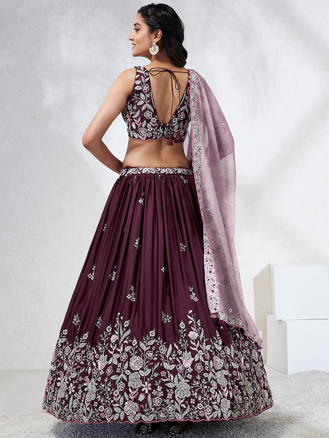 House of Panchhi Burgundy Pure Georgette Sequins And Thread Embroidery Lehenga Choli & Dupatta | Swadesiicart