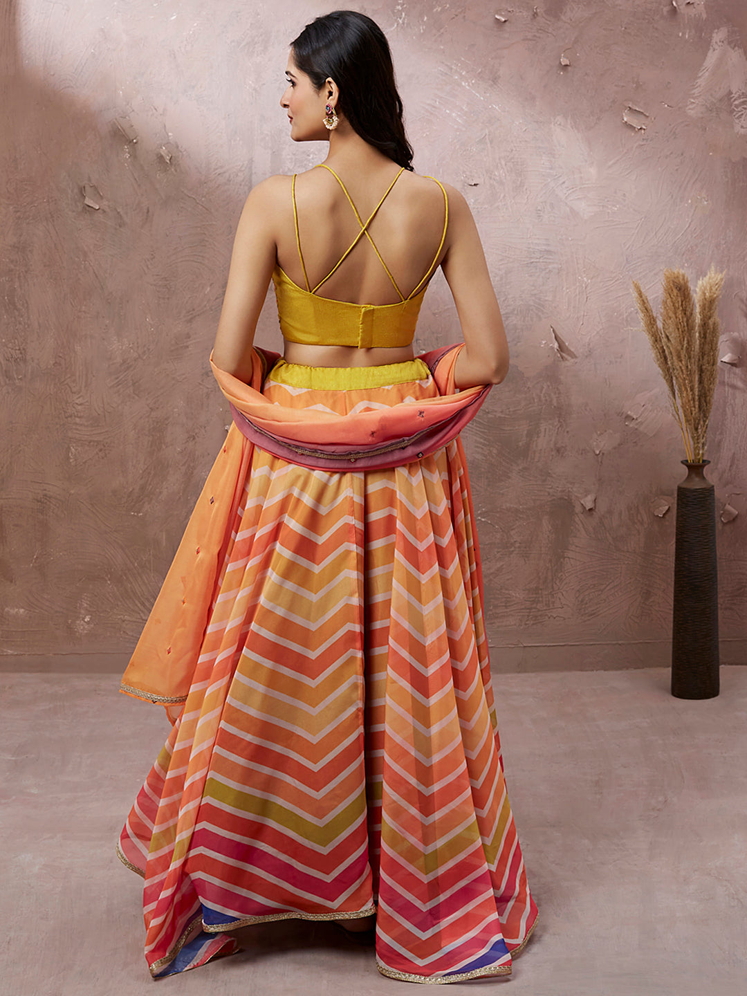 House of Panchhi Yellow Organza Leheriya Printed Lehenga Choli & Dupatta | Swadesiicart