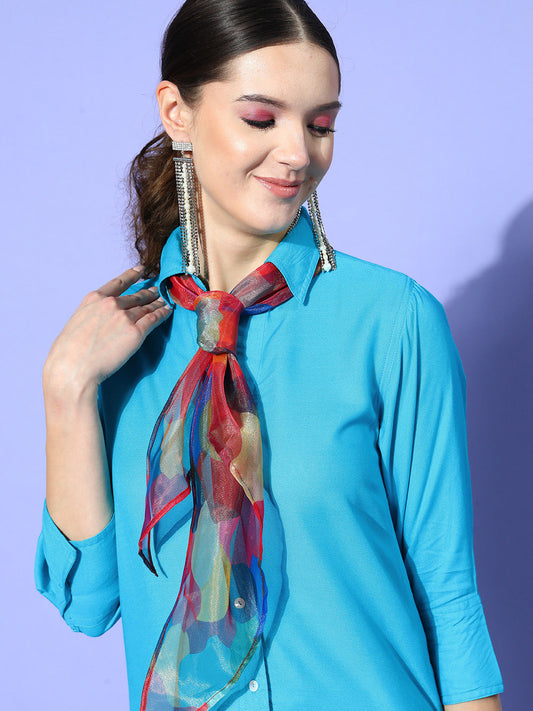 InWeave Women's Aqua Blue Coord Set With Maroon Abstract Scarf - Swadesiicart