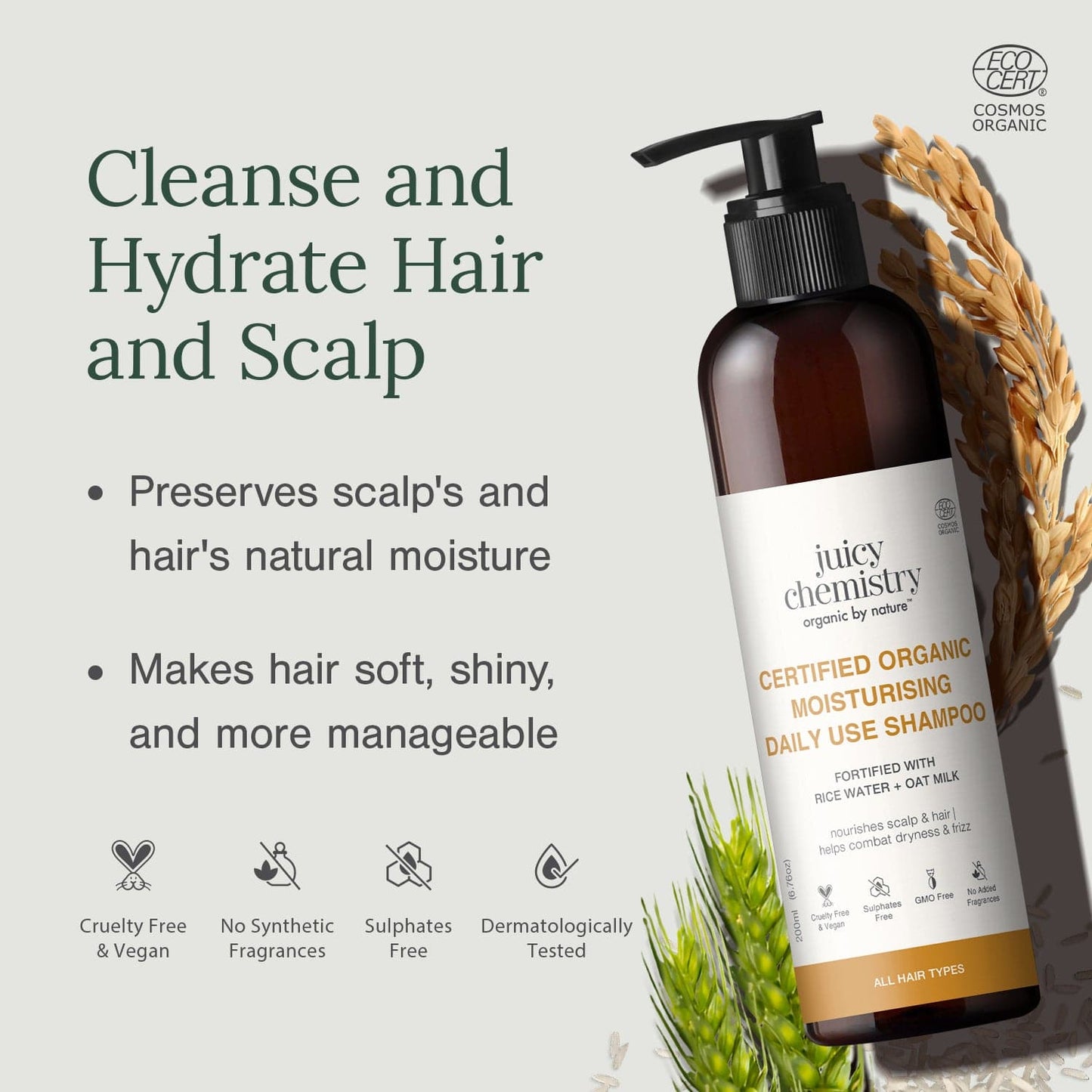 Certified Organic Moisturising Daily Use Shampoo Fortified with Rice Water + Oat Milk