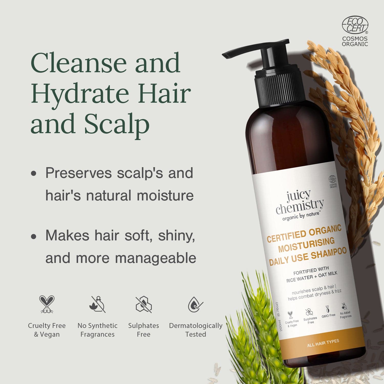 Certified Organic Moisturising Daily Use Shampoo Fortified with Rice Water + Oat Milk