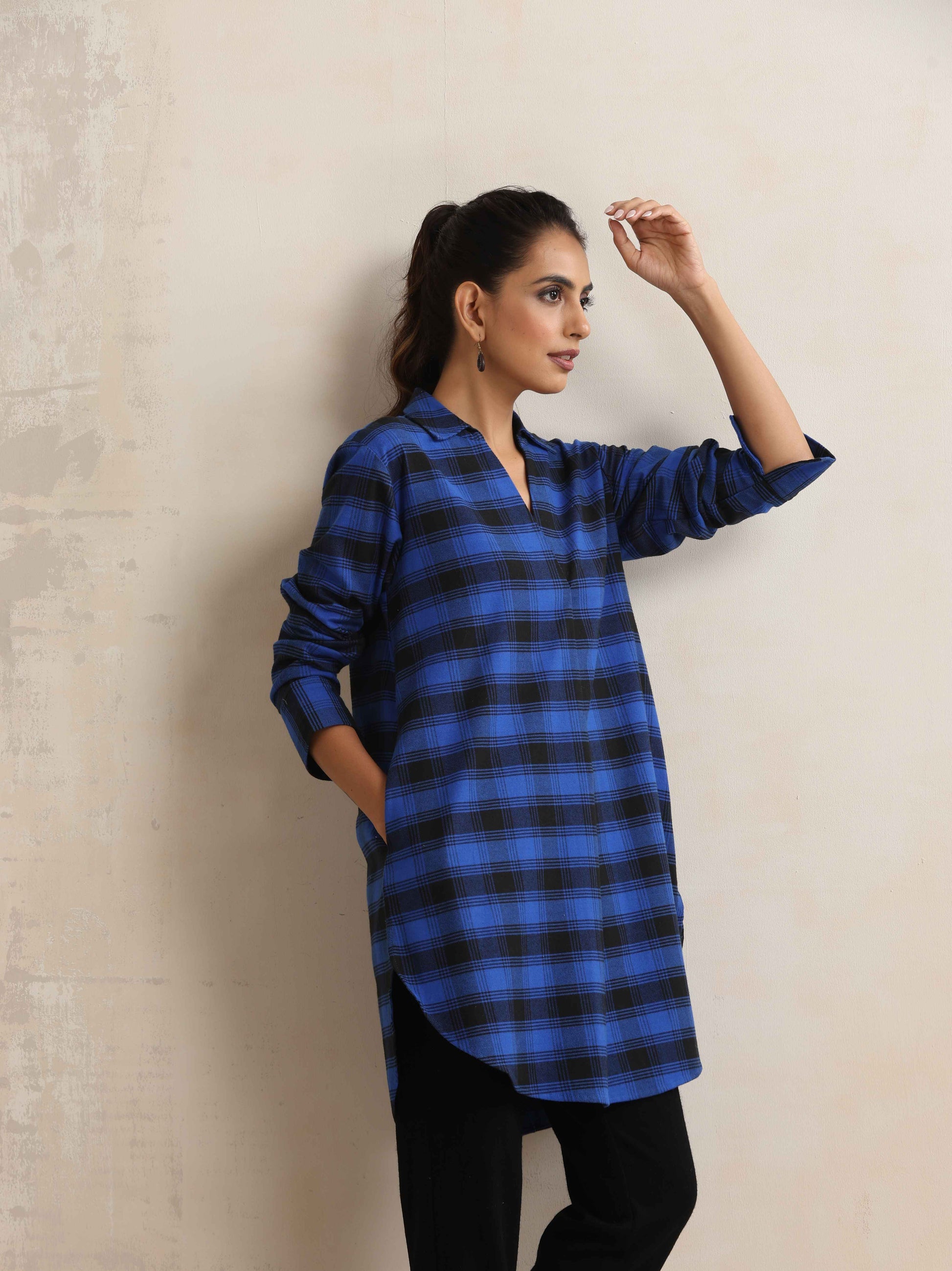 trueBrowns Blue Check Pleated Winter Top | Swadesiicart