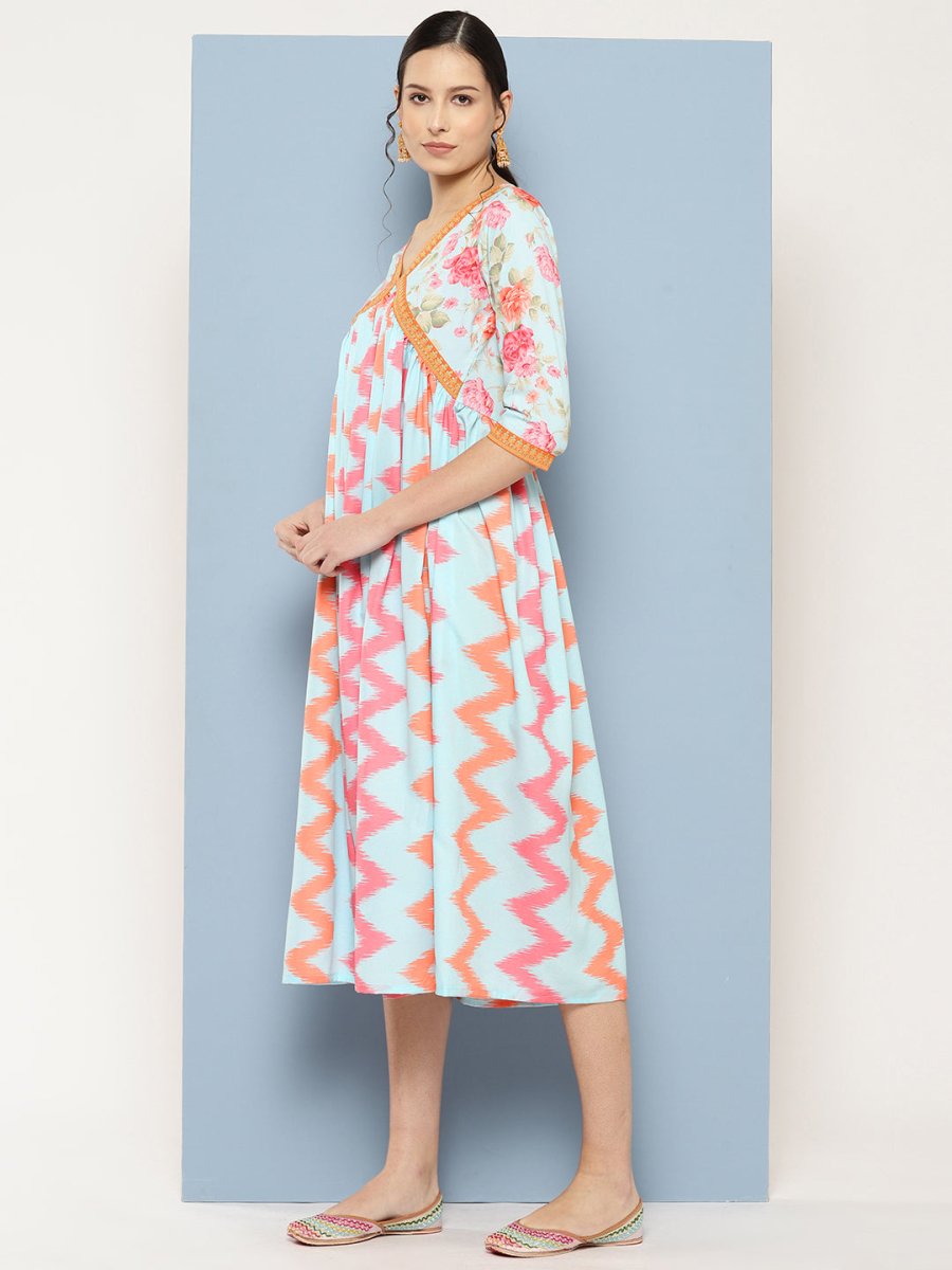 Ahalyaa Floral Printed Midi Empire Ethnic Dress | Swadesiicart