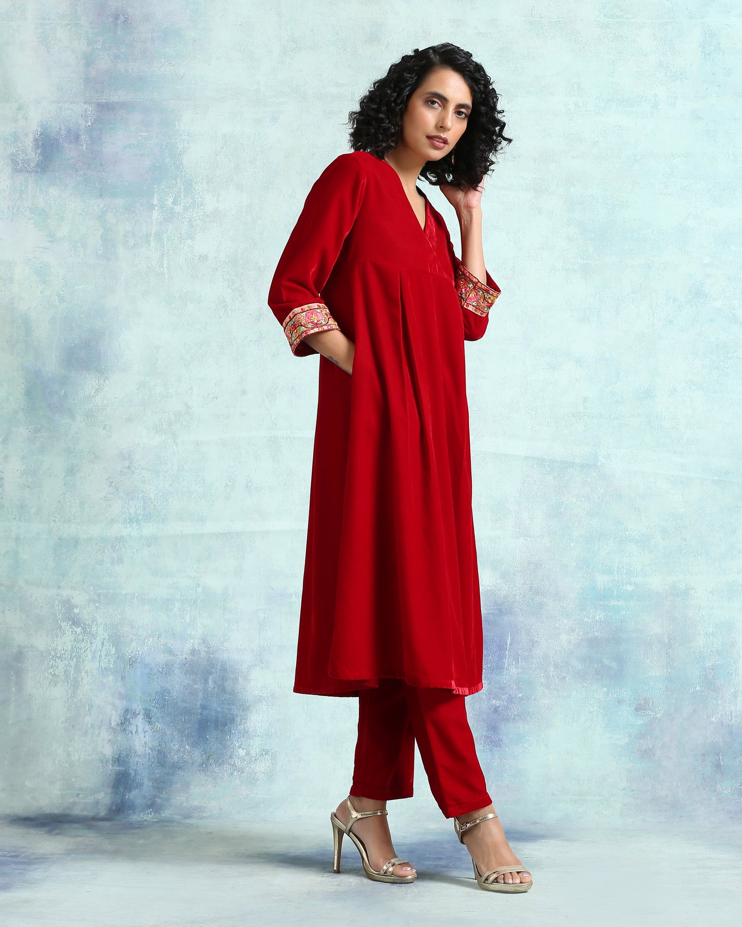 trueBrowns True Red Velvet Yoke Kurta | Swadesiicart