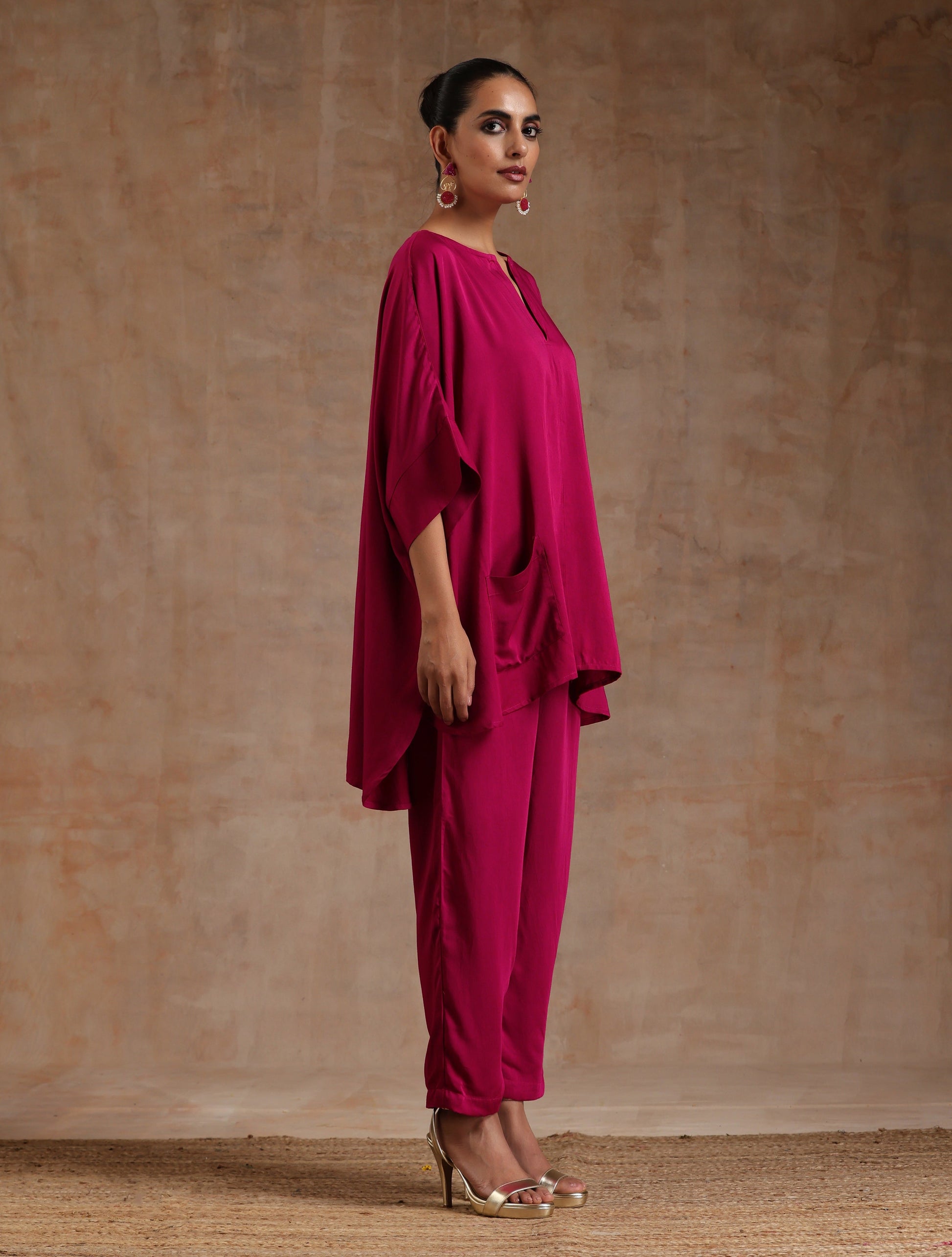 trueBrowns Pink Modal Satin Boxy Fit High-Low Co-Ord Set - Swadesiicart